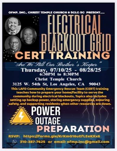 Electrical Blackout Grid CERT Training flyer. Thursdays July 10 through August 28, 2025, 6:30 to 8:30 PM at Christ Temple Church, 3125 West 54th Street. Power outage preparation.