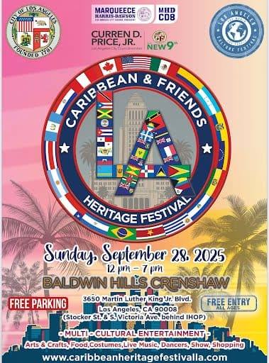 Caribbean and Friends Heritage Festival flyer with a ring of Caribbean flags around the letters L A. Sunday September 28, 2025, 12 to 7 PM at Baldwin Hills Crenshaw. Free entry.