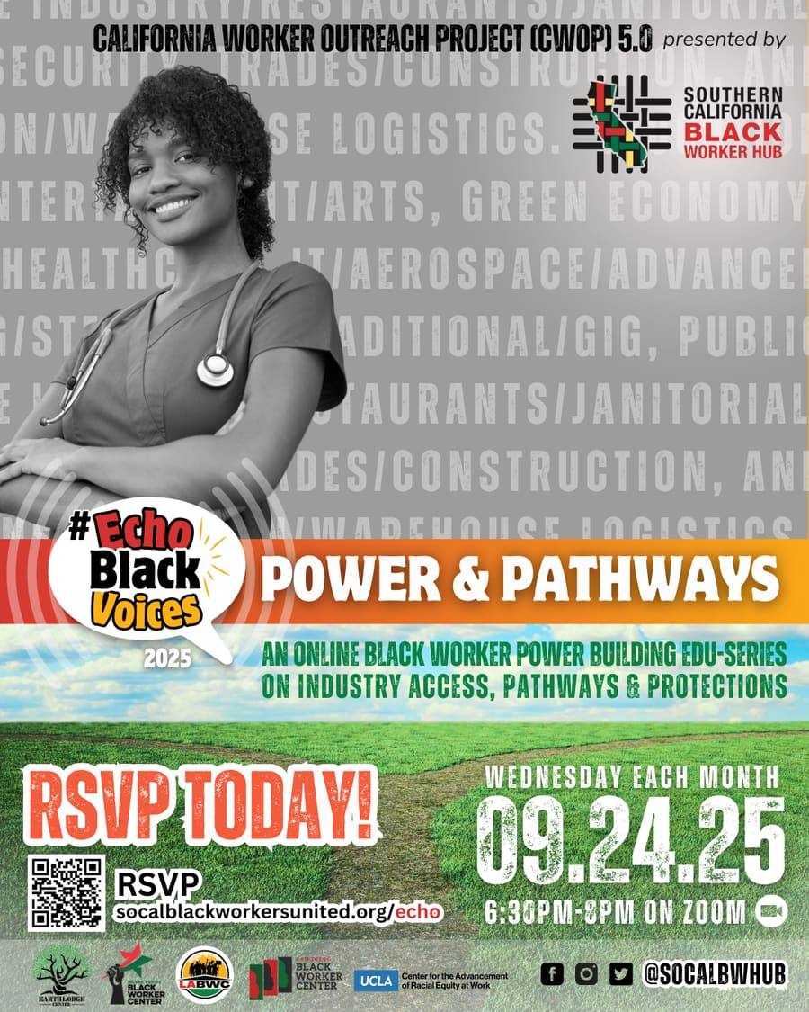 Echo Black Voices Power and Pathways flyer with a smiling healthcare worker. Wednesday September 24, 2025, 6:30 to 8 PM on Zoom. RSVP at socalblackworkersunited.org/echo.