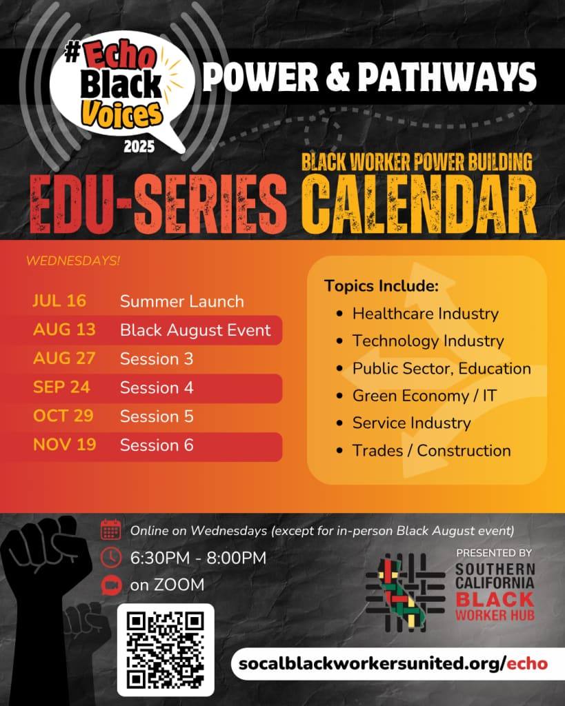 Edu-series calendar flyer listing Wednesday sessions on July 16, August 13, August 27, September 24, October 29 and November 19, 2025, with topics including healthcare, technology, public sector, green economy, service industry and trades.
