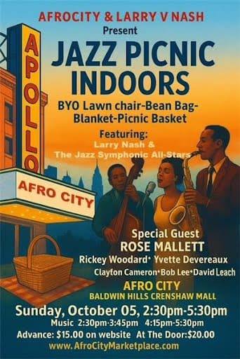 Jazz Picnic Indoors poster in a vintage illustrated style showing a jazz trio beside the Afro City marquee. Sunday October 5, 2:30 to 5:30 PM, Baldwin Hills Crenshaw Mall.