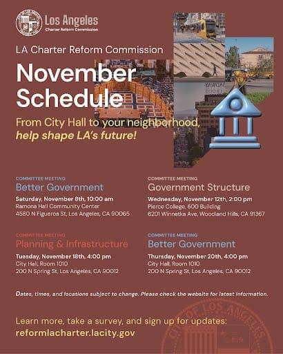 LA Charter Reform Commission November schedule flyer listing four committee meetings across Los Angeles and the website reformlacharter.lacity.gov.