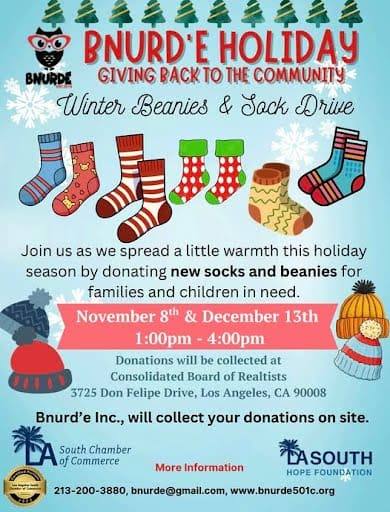 Bnurd’e Holiday giving back to the community flyer with illustrated socks and beanies. Winter beanies and sock drive, November 8 and December 13, 1 to 4 PM, 3725 Don Felipe Drive.