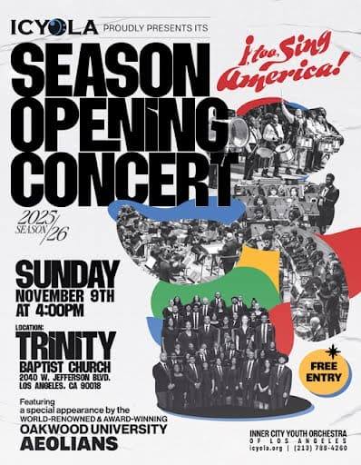 ICYOLA Season Opening Concert flyer with a photo collage of the youth orchestra. Sunday November 9 at 4 PM, Trinity Baptist Church, 2040 West Jefferson Boulevard. Free entry.