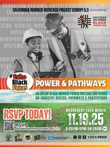 Echo Black Voices Power and Pathways flyer showing two workers in hard hats reviewing plans. RSVP today. Wednesday November 19, 2025, 6:30 to 8 PM on Zoom.