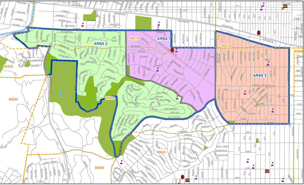 Map of the council boundaries showing Area 1 (Baldwin Village, Village Green and Crenshaw Manor, ZIP 90016), Area 2 (Baldwin Hills Estates, Baldwin Vista and Cameo Plaza, ZIP 90008) and Area 3 (Leimert Park and Arlington Park, ZIP 90018)