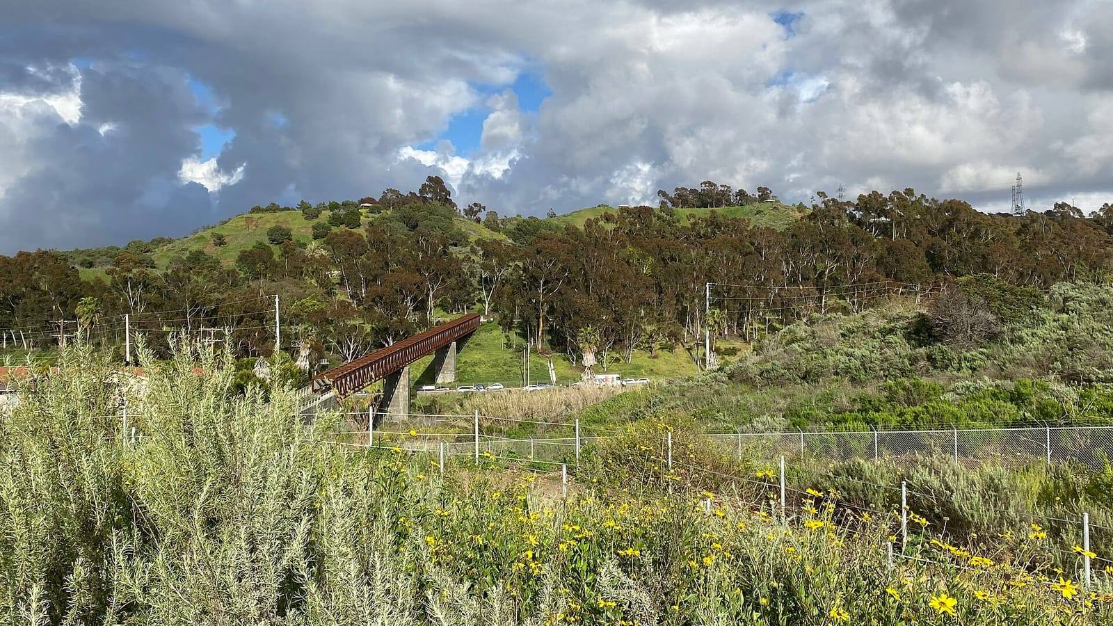 Green hills of Kenneth Hahn State Recreation Area under dramatic clouds, with a rust-colored pedestrian bridge and yellow wildflowers in the foreground